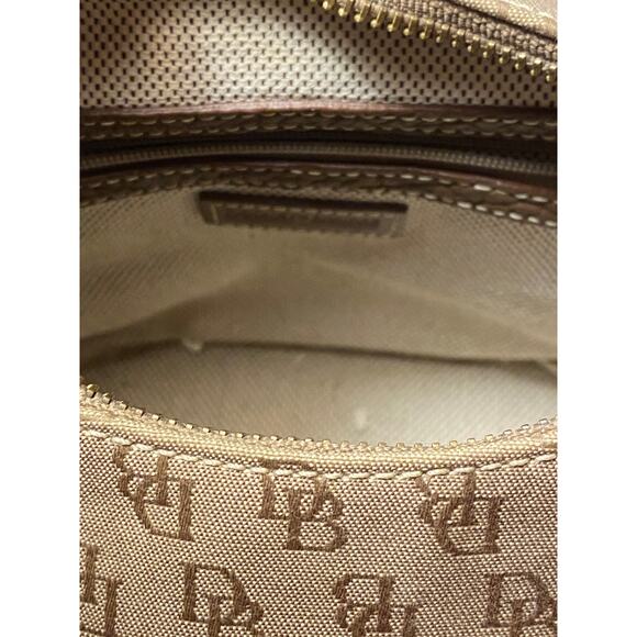 Dooney & Bourke Tan Brown Logo Print Mini Bucket Bag Purse 6x8 in Zipper fob EUC - Picture 12 of 15